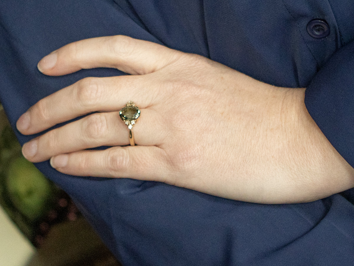 Earthy Green Tourmaline and Diamond Ring in Yellow Gold