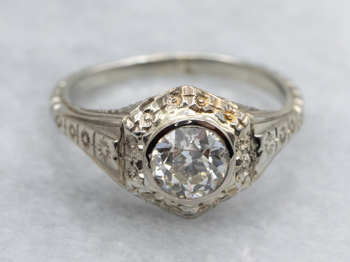Floral Old Mine Cut Diamond Solitaire Engagement Ring Circa 1920s