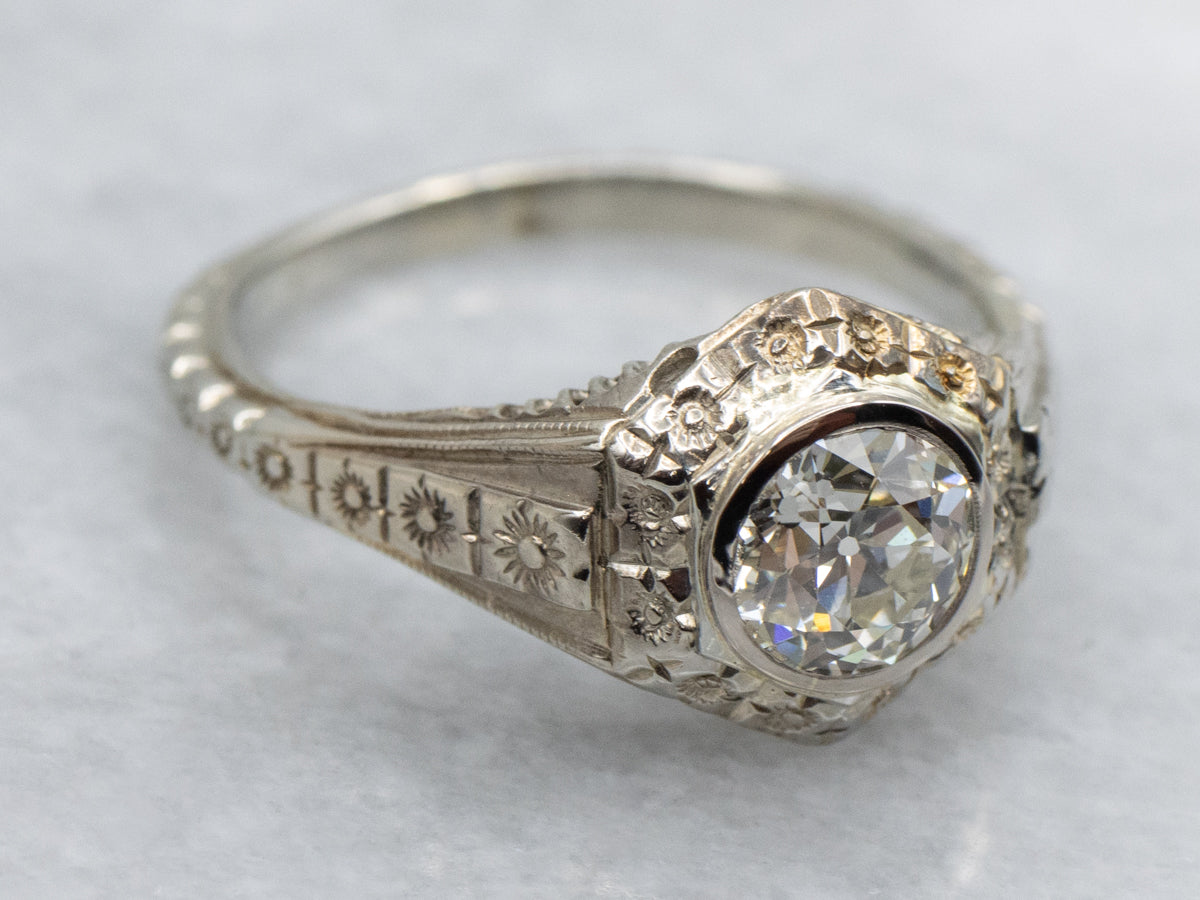 Floral Old Mine Cut Diamond Solitaire Engagement Ring Circa 1920s