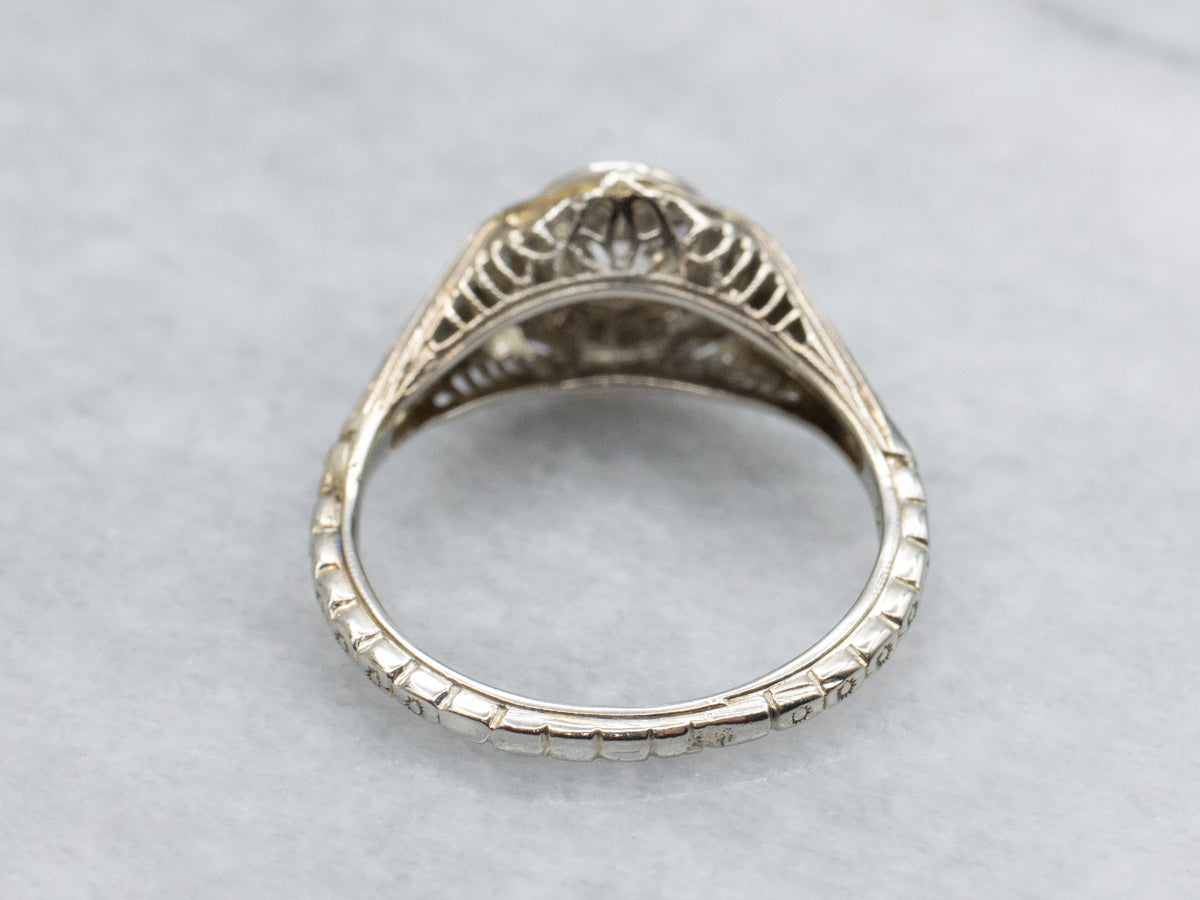 Floral Old Mine Cut Diamond Solitaire Engagement Ring Circa 1920s