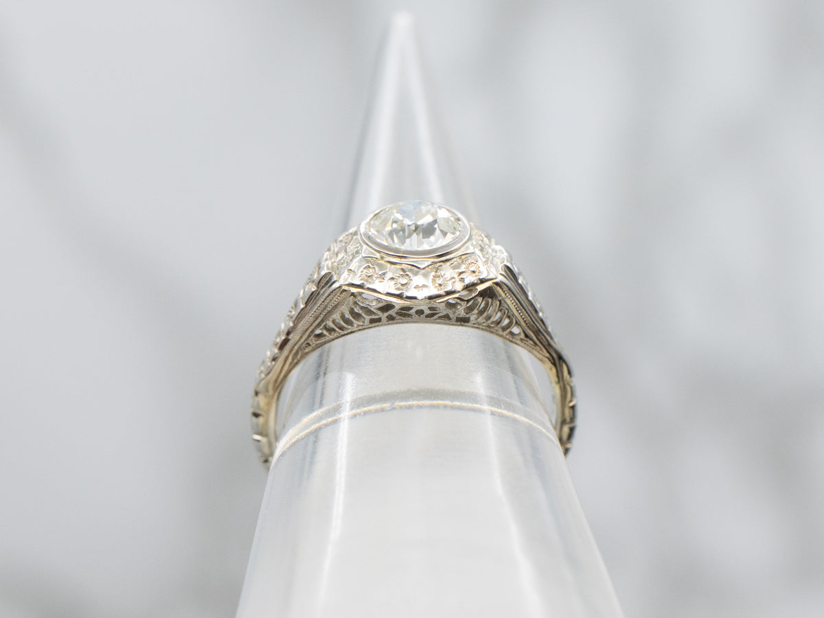 Floral Old Mine Cut Diamond Solitaire Engagement Ring Circa 1920s