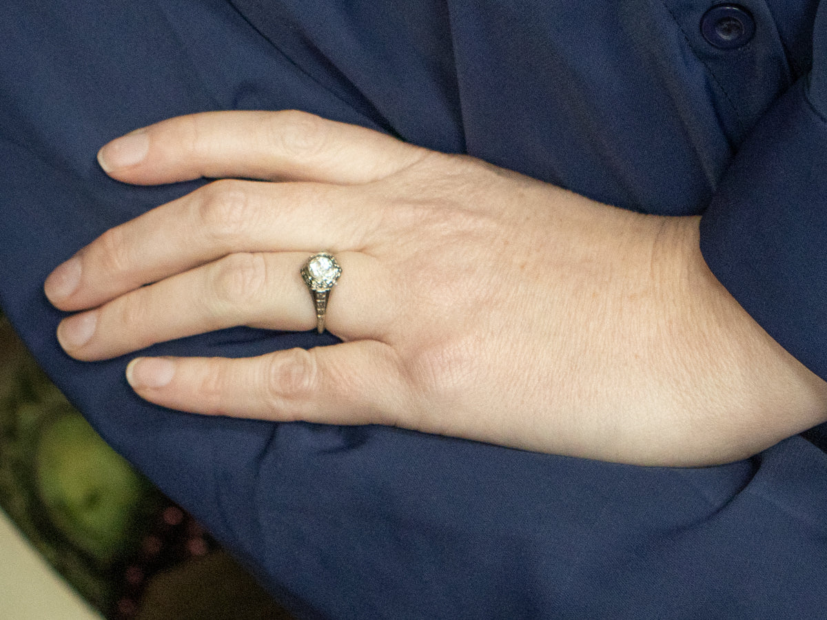 Floral Old Mine Cut Diamond Solitaire Engagement Ring Circa 1920s