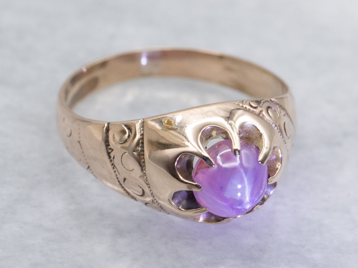 Victorian Belcher-Set Pink Star Sapphire Solitaire Ring