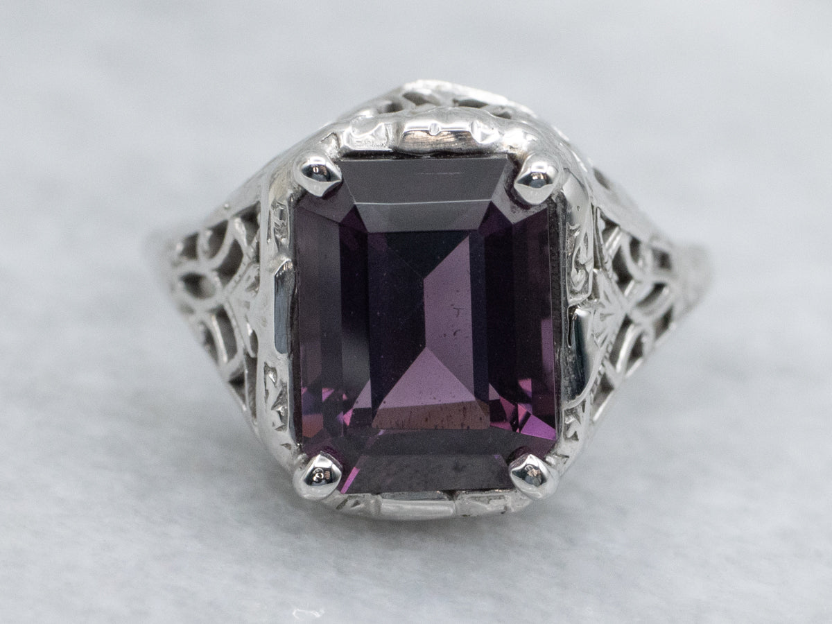 1920s Gold Floral Filigree Purple Spinel Solitaire Ring