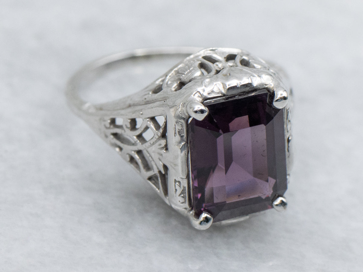 1920s Gold Floral Filigree Purple Spinel Solitaire Ring