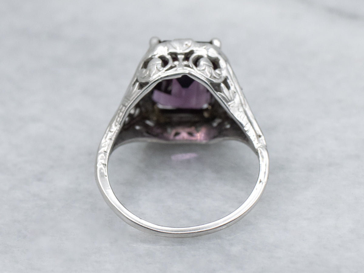 1920s Gold Floral Filigree Purple Spinel Solitaire Ring
