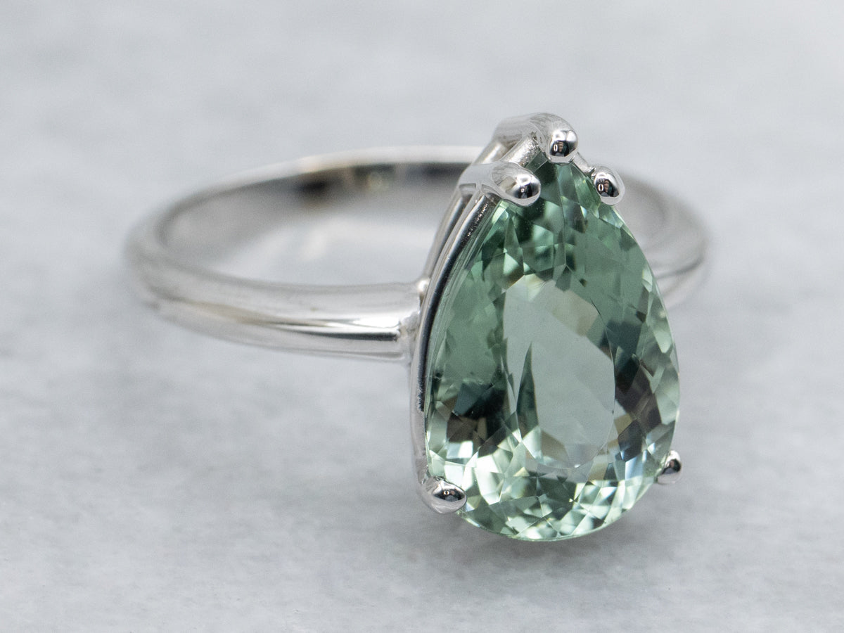 Pear-Cut Mint Green Tourmaline Solitaire Ring in White Gold