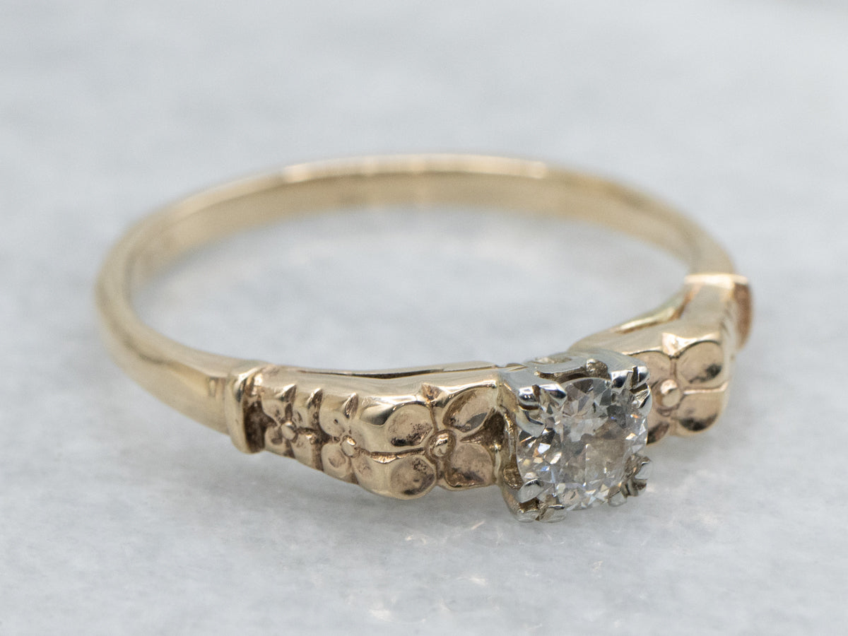 Two-Tone Gold 1950s Diamond Solitaire Floral Engagement Ring