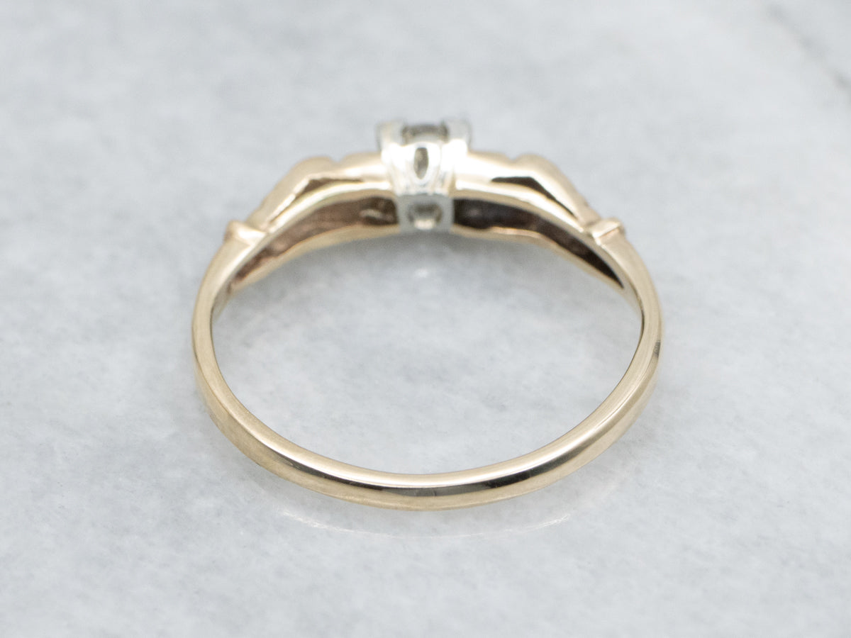 Two-Tone Gold 1950s Diamond Solitaire Floral Engagement Ring