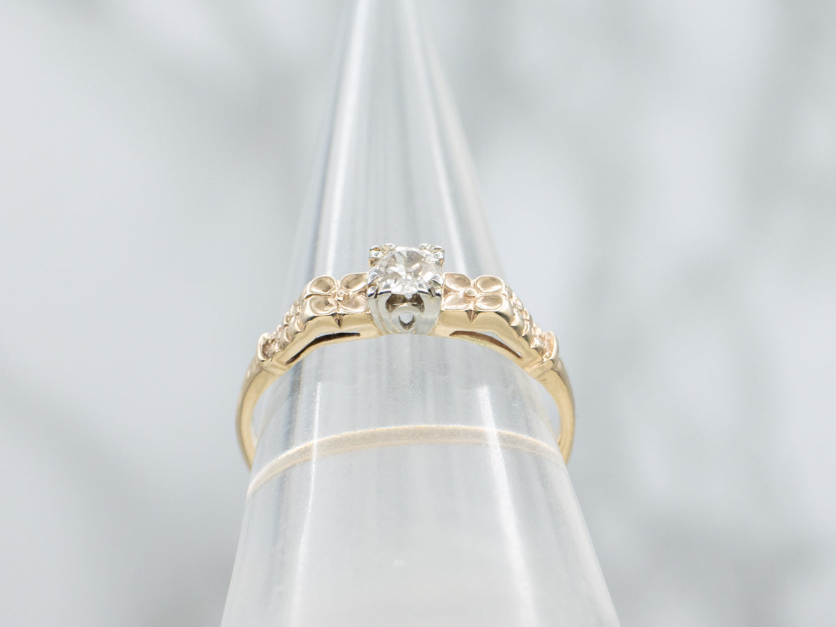 Two-Tone Gold 1950s Diamond Solitaire Floral Engagement Ring