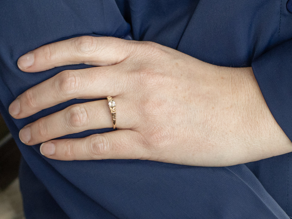 Two-Tone Gold 1950s Diamond Solitaire Floral Engagement Ring
