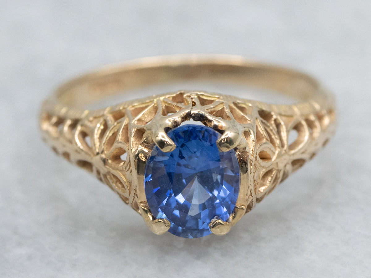 Sapphire Solitaire Yellow Gold Floral Filigree Ring