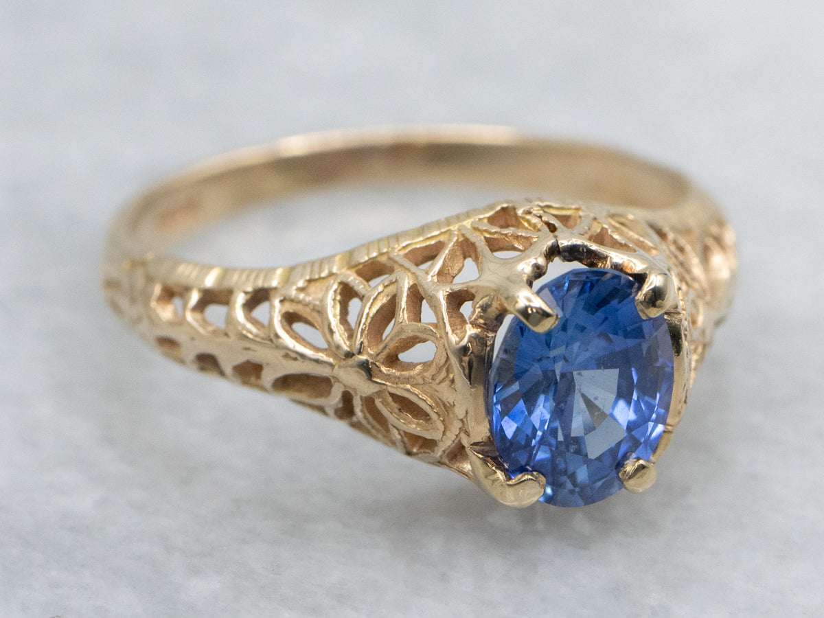 Sapphire Solitaire Yellow Gold Floral Filigree Ring