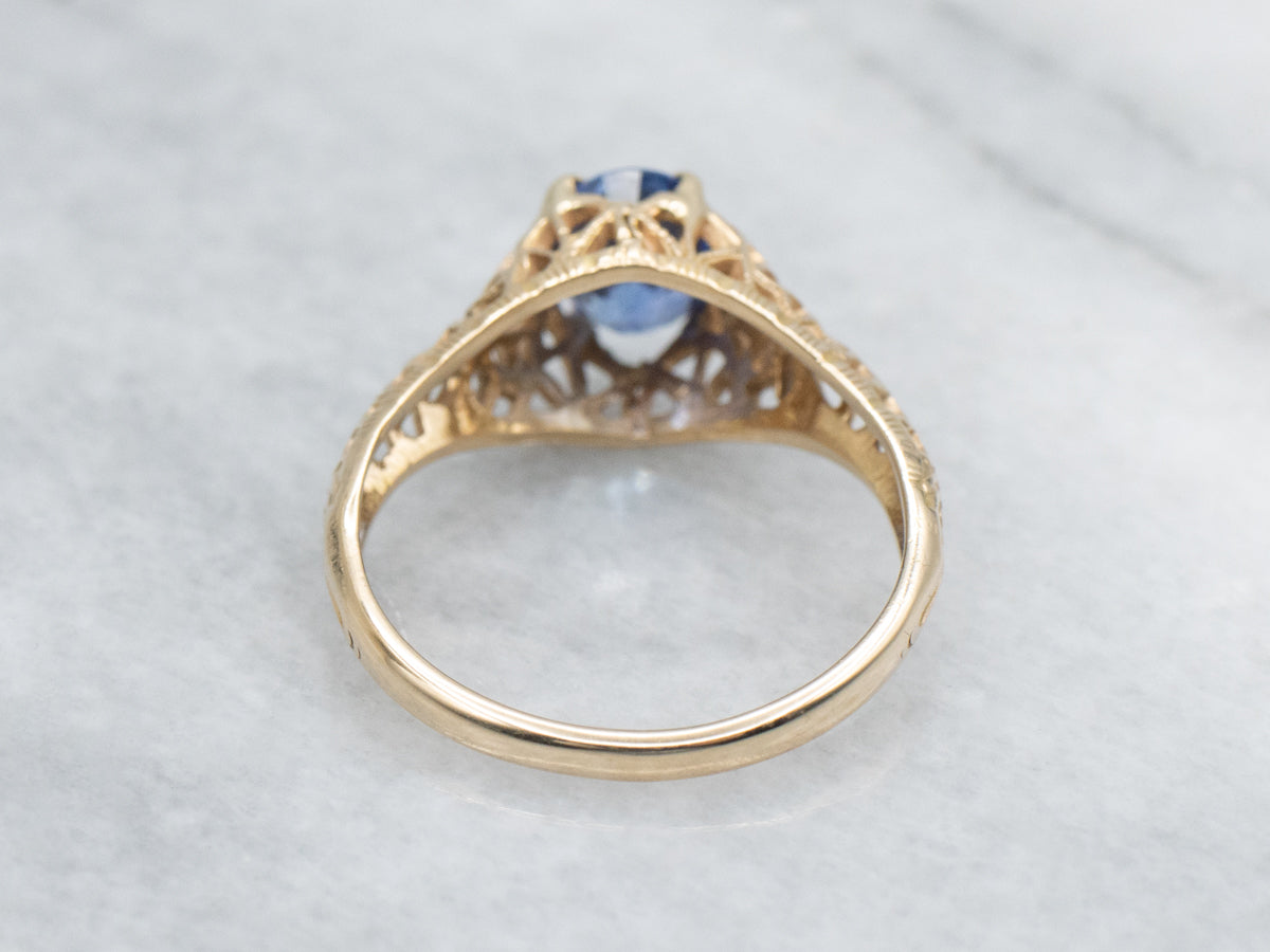 Sapphire Solitaire Yellow Gold Floral Filigree Ring