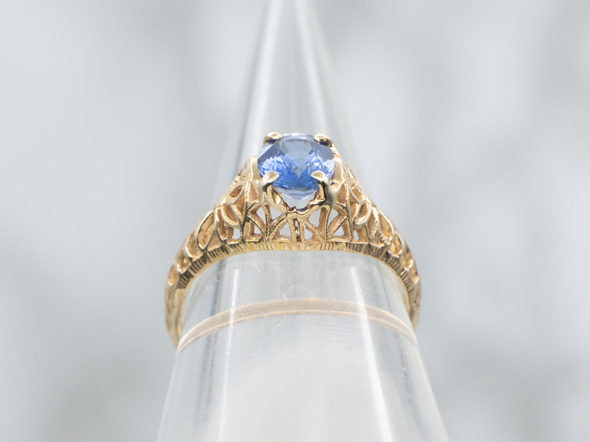 Sapphire Solitaire Yellow Gold Floral Filigree Ring