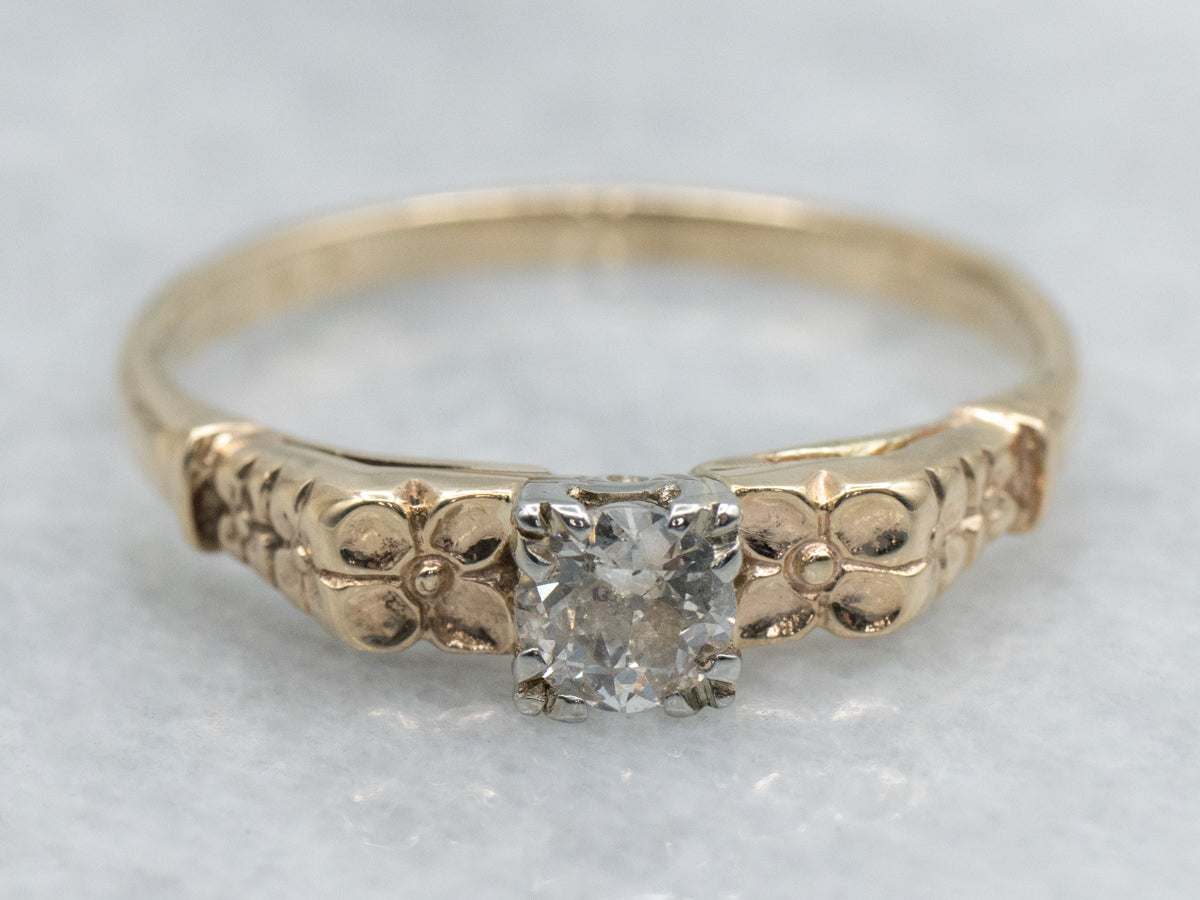 Two-Tone Gold 1950s Diamond Solitaire Floral Engagement Ring
