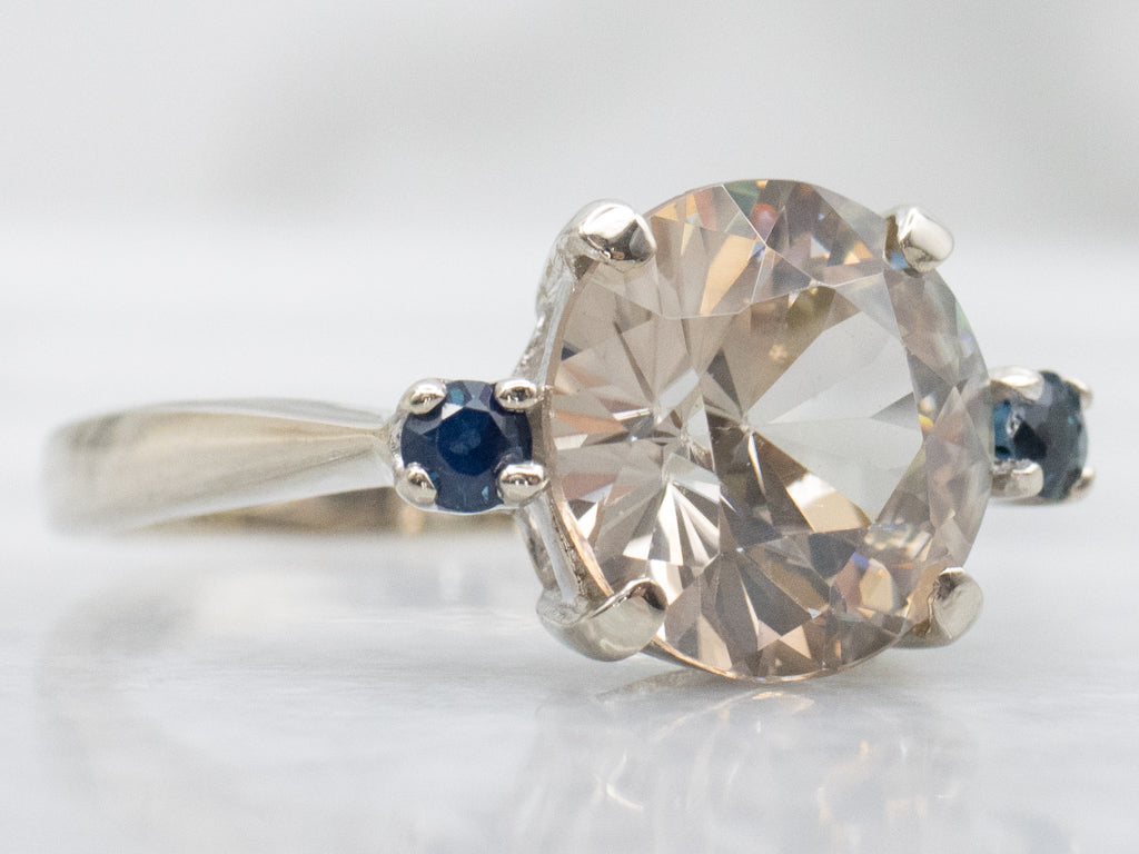 White Zircon and Sapphire Three Stone Ring