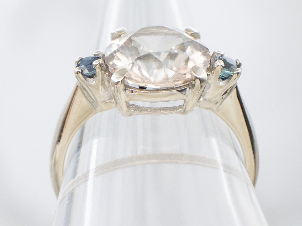 White Zircon and Sapphire Three Stone Ring