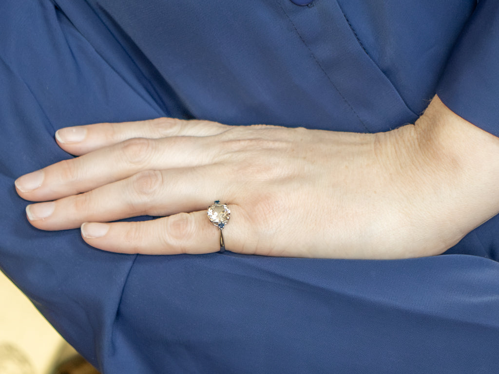 White Zircon and Sapphire Three Stone Ring