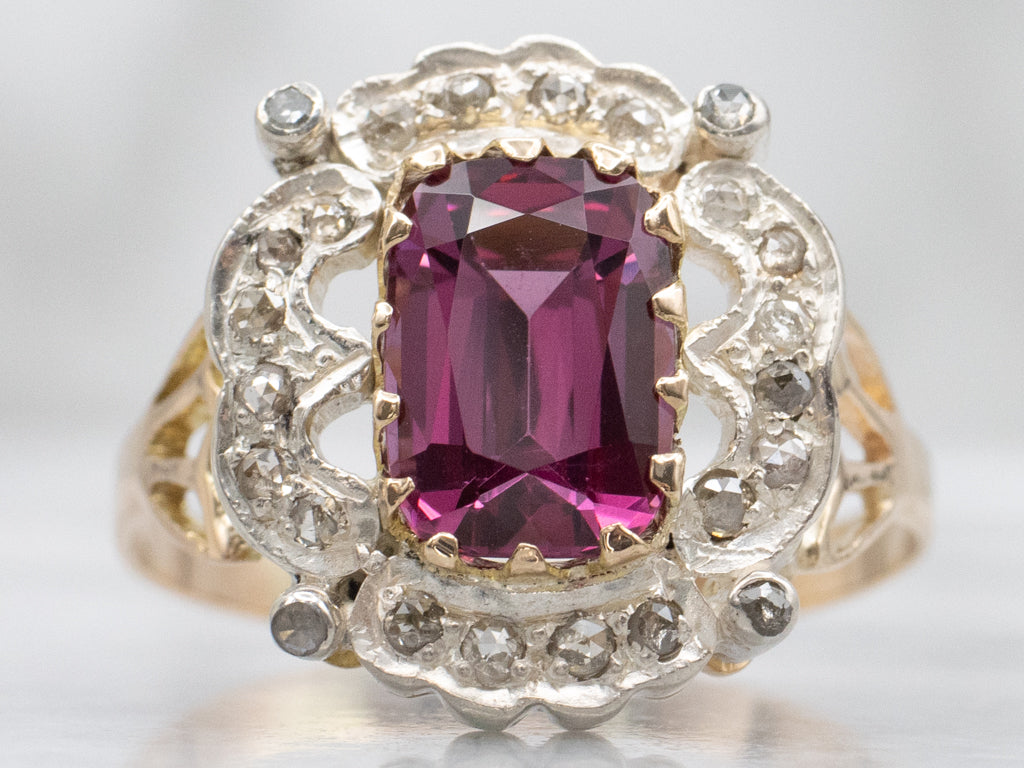 Antique Rhodolite Garnet and Rose-Cut Diamond Halo Ring