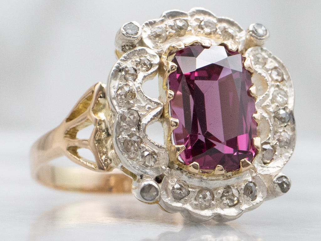 Antique Rhodolite Garnet and Rose-Cut Diamond Halo Ring