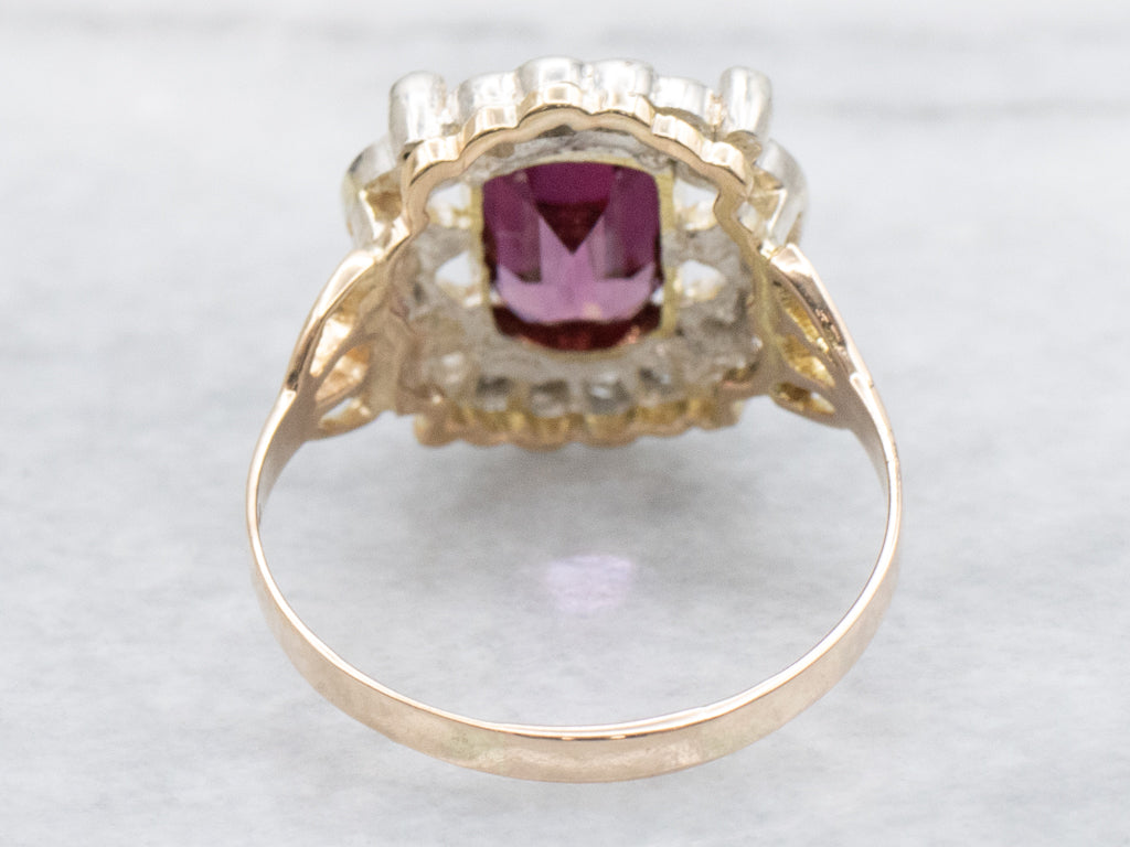 Antique Rhodolite Garnet and Rose-Cut Diamond Halo Ring