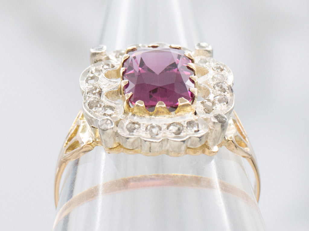 Antique Rhodolite Garnet and Rose-Cut Diamond Halo Ring