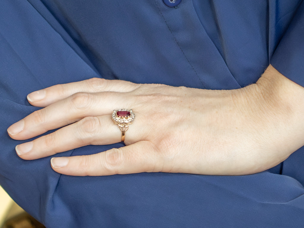 Antique Rhodolite Garnet and Rose-Cut Diamond Halo Ring