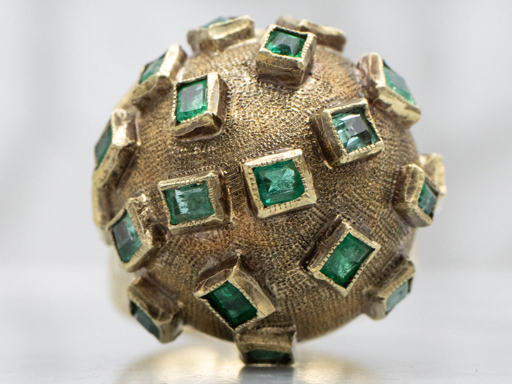 Vintage Yellow Gold Emerald Domed Sputnik Ring