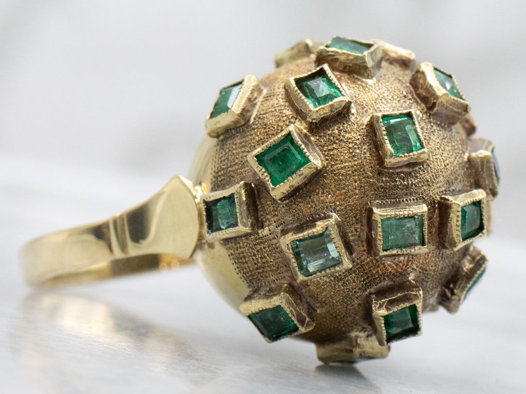 Vintage Yellow Gold Emerald Domed Sputnik Ring