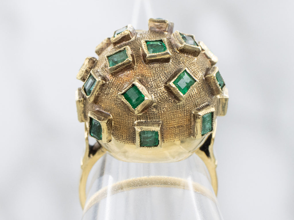 Vintage Yellow Gold Emerald Domed Sputnik Ring