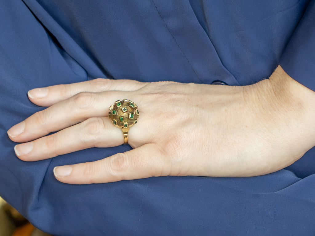 Vintage Yellow Gold Emerald Domed Sputnik Ring