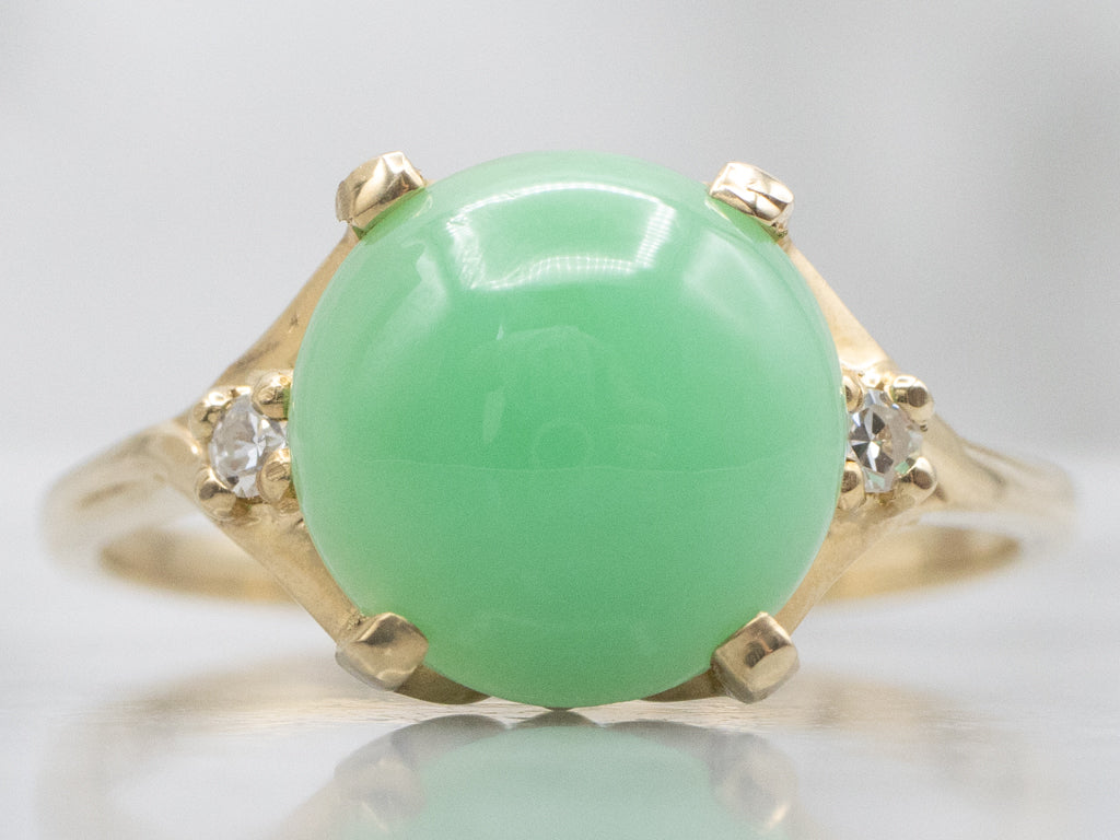 Apple Jade Cabochon and Diamond Three Stone Ring