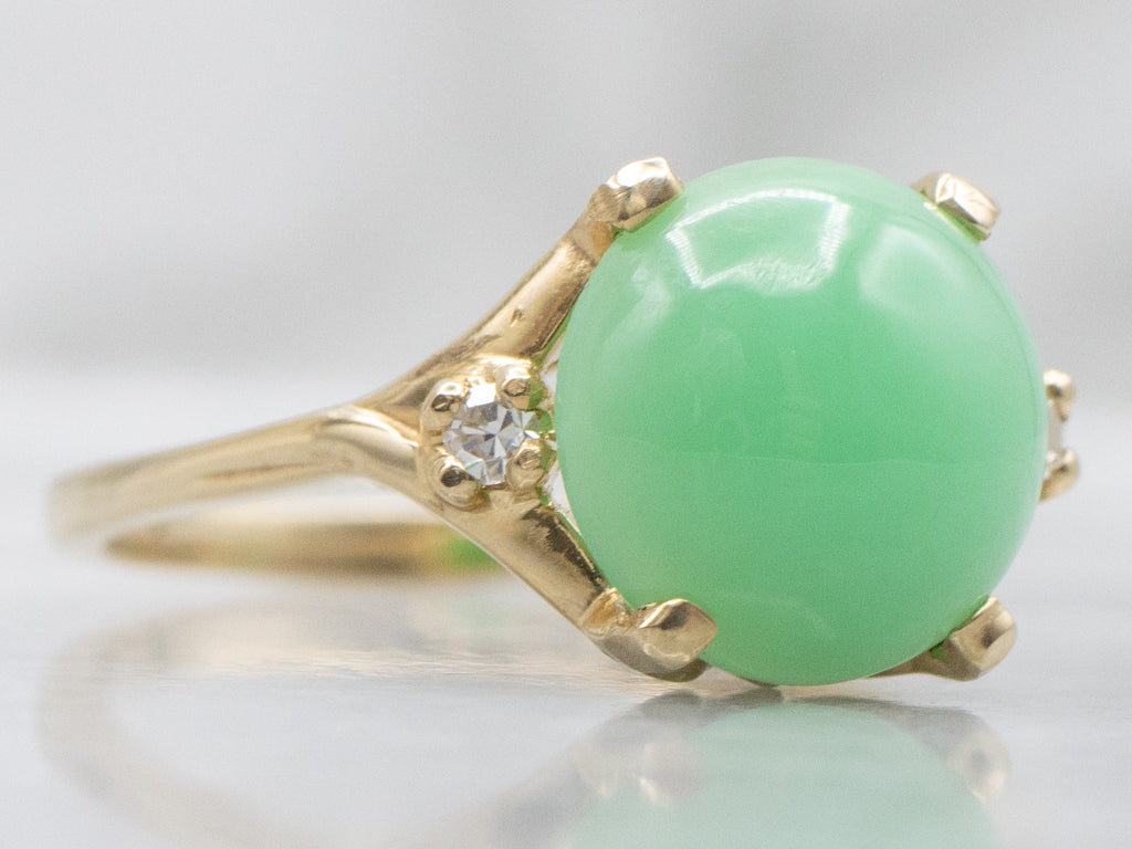 Apple Jade Cabochon and Diamond Three Stone Ring