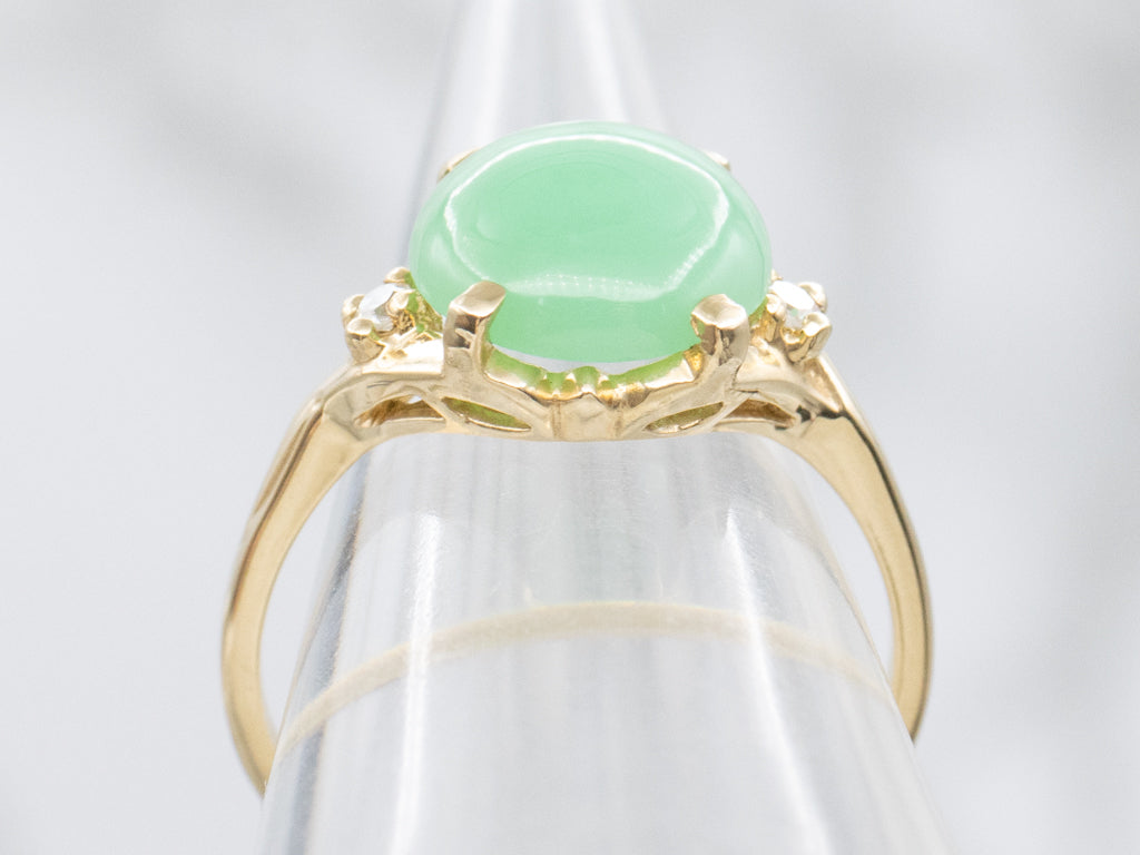 Apple Jade Cabochon and Diamond Three Stone Ring