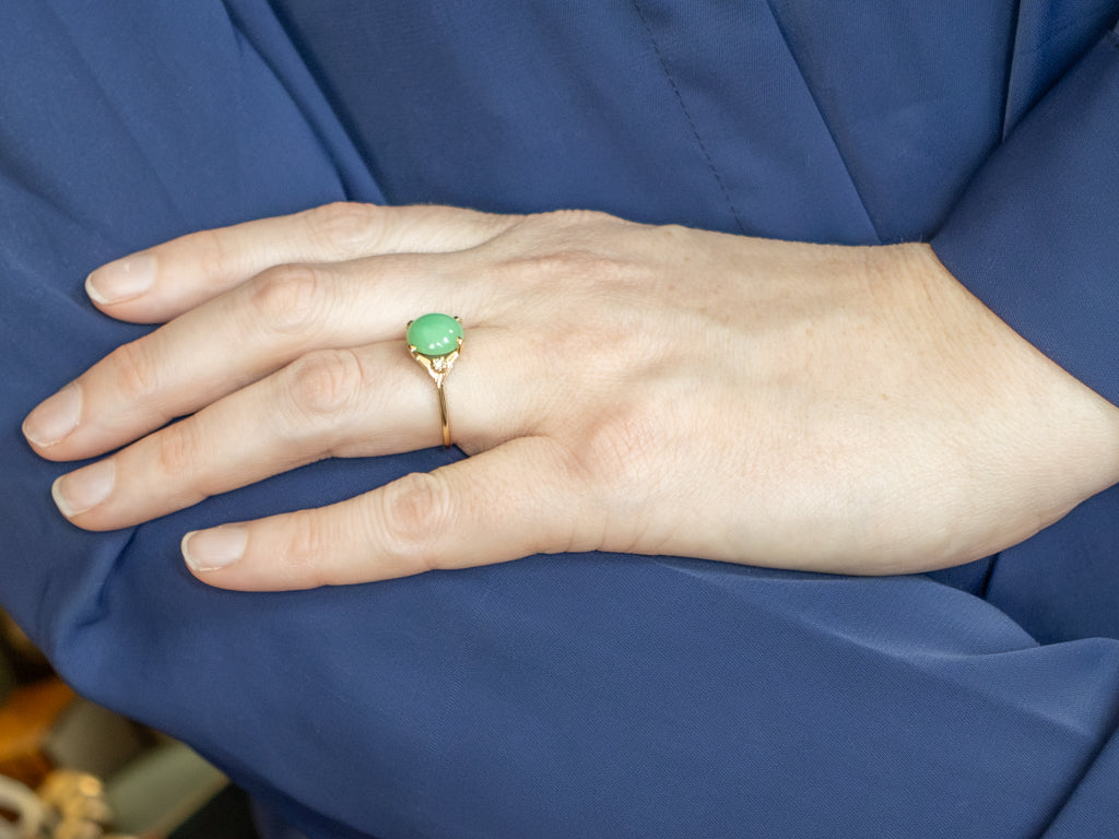 Apple Jade Cabochon and Diamond Three Stone Ring