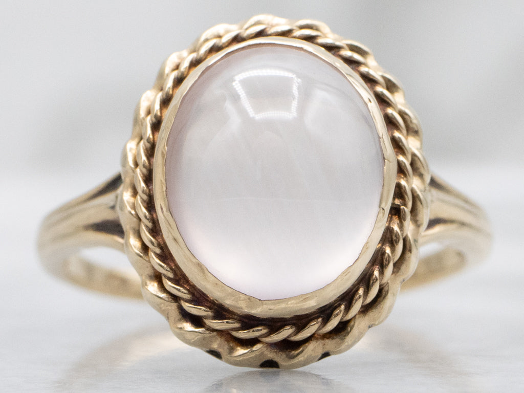 Rose Quartz Cabochon Ring in Vintage Rope Twist Setting