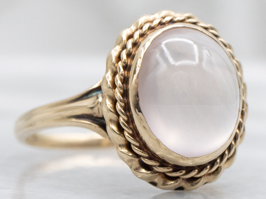 Rose Quartz Cabochon Ring in Vintage Rope Twist Setting