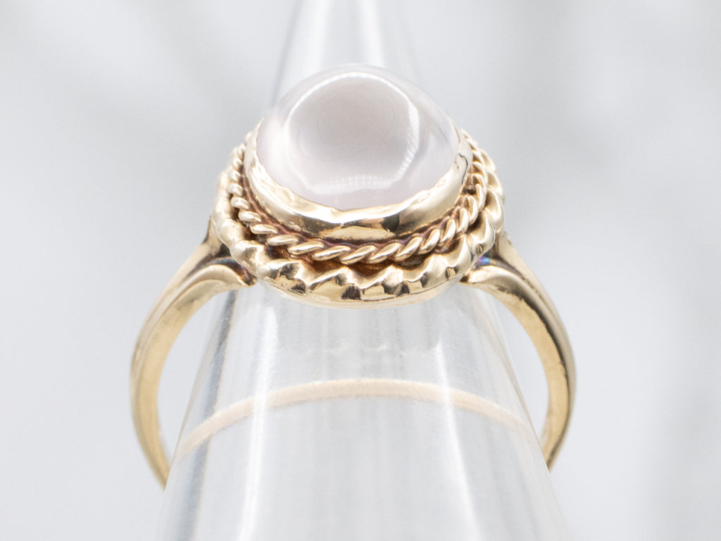 Rose Quartz Cabochon Ring in Vintage Rope Twist Setting