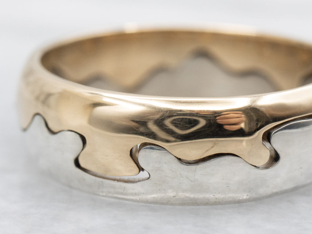 Men's Sterling Silver and 14K Yellow Gold Scrolling Pattern Centered Band