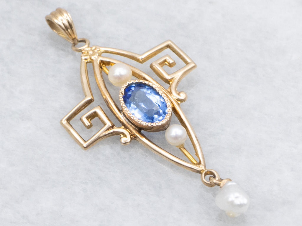Victorian Sapphire Doublet and Seed Pearl Lavalier Pendant