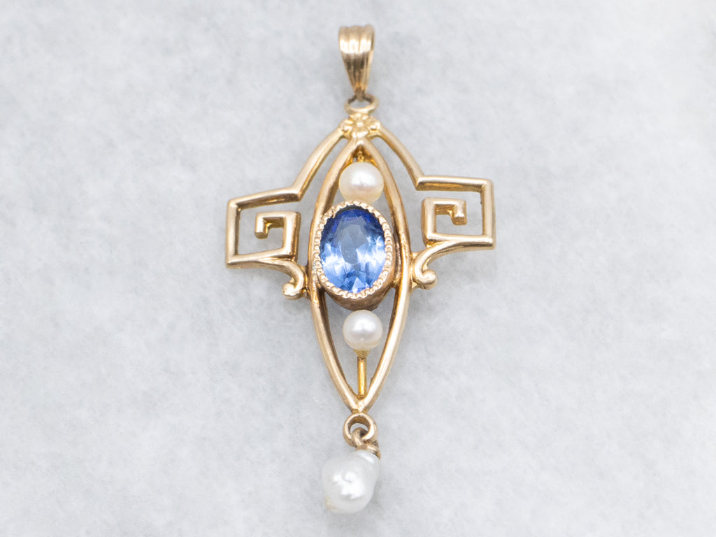 Victorian Sapphire Doublet and Seed Pearl Lavalier Pendant