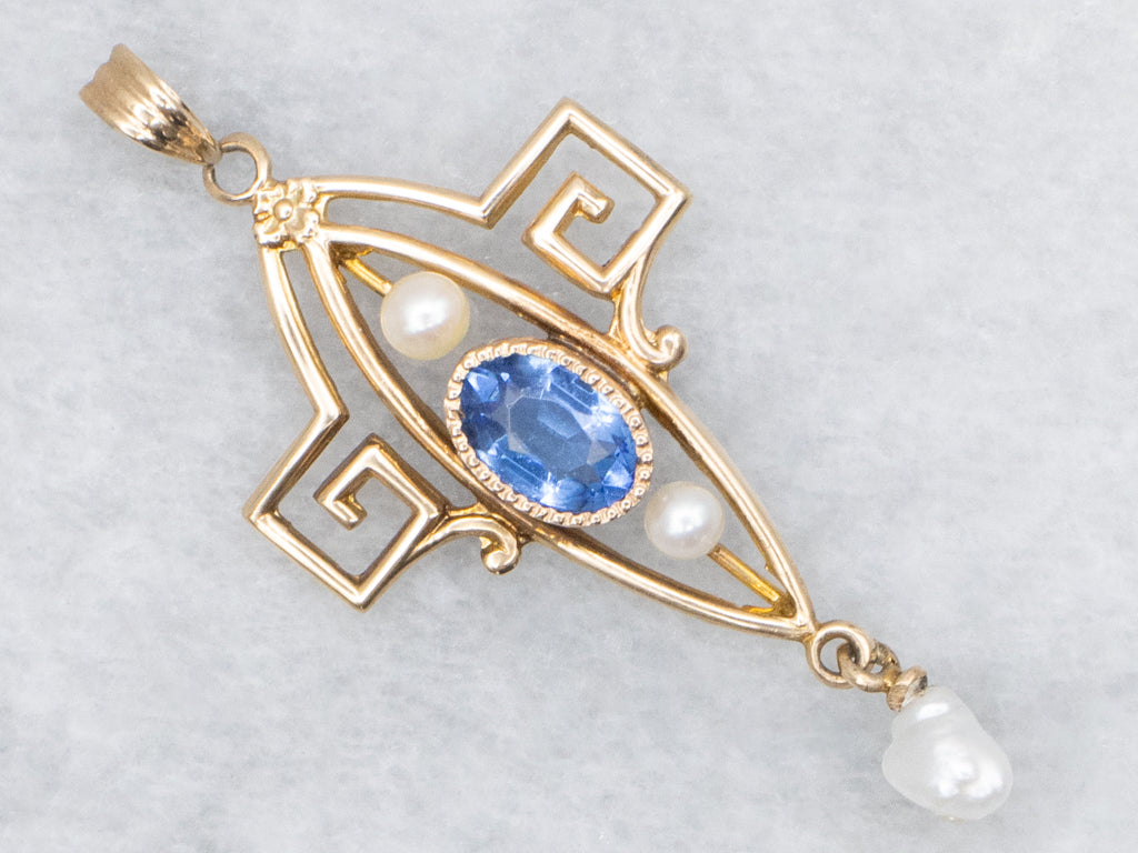 Victorian Sapphire Doublet and Seed Pearl Lavalier Pendant