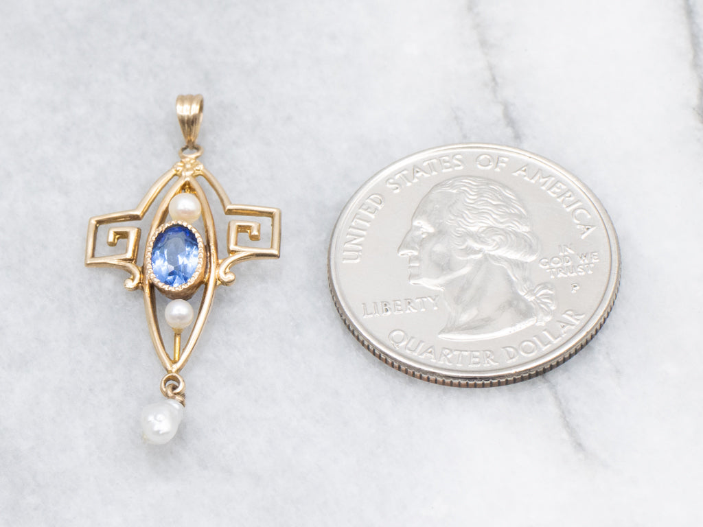 Victorian Sapphire Doublet and Seed Pearl Lavalier Pendant