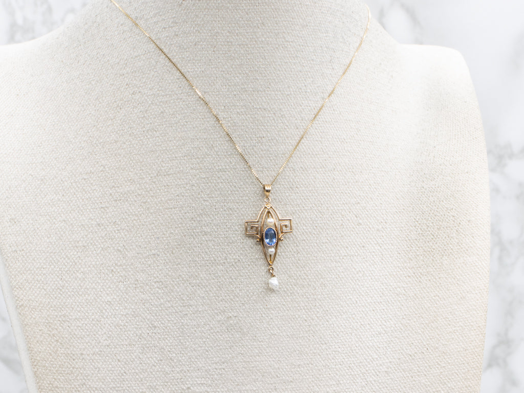 Victorian Sapphire Doublet and Seed Pearl Lavalier Pendant