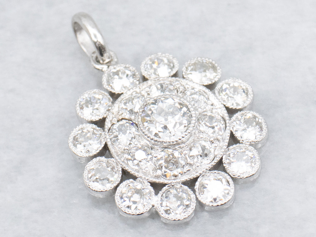 Platinum Old Mine Cut Diamond Double Halo Pendant
