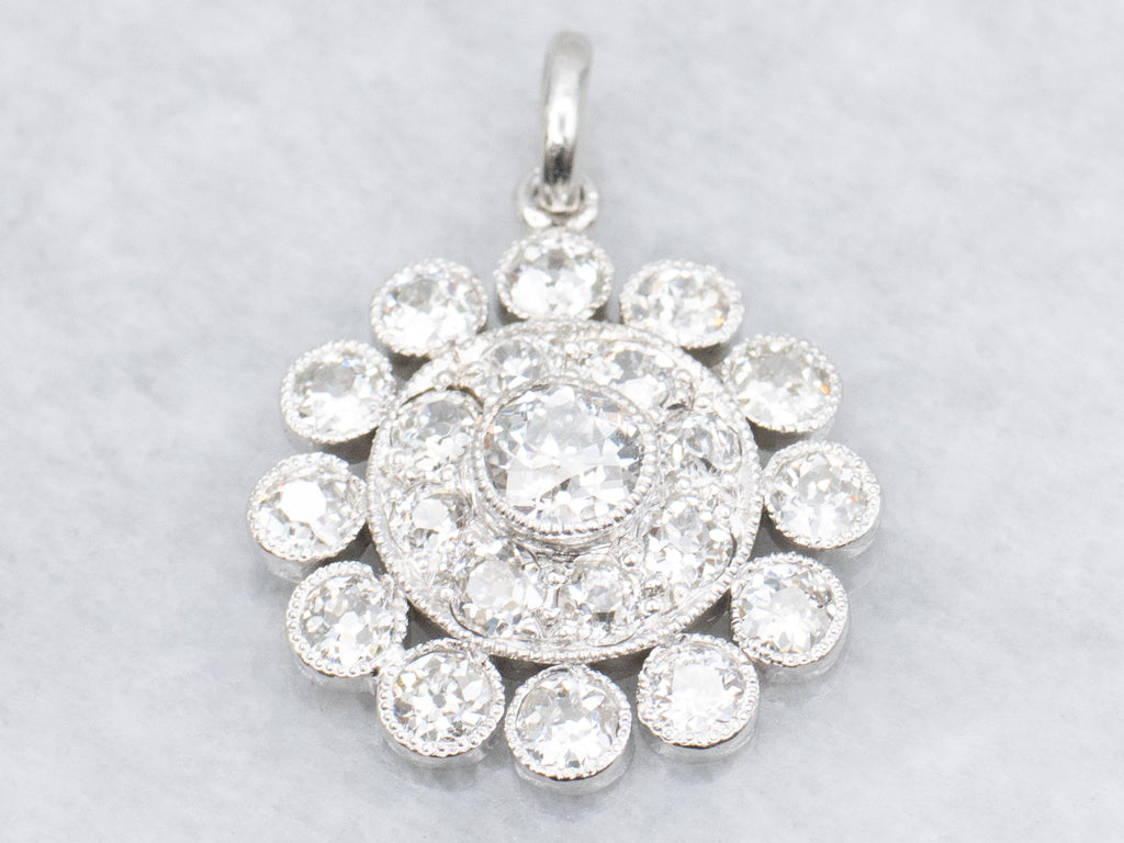 Platinum Old Mine Cut Diamond Double Halo Pendant