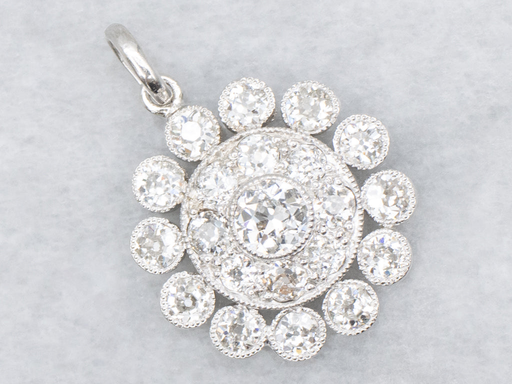 Platinum Old Mine Cut Diamond Double Halo Pendant