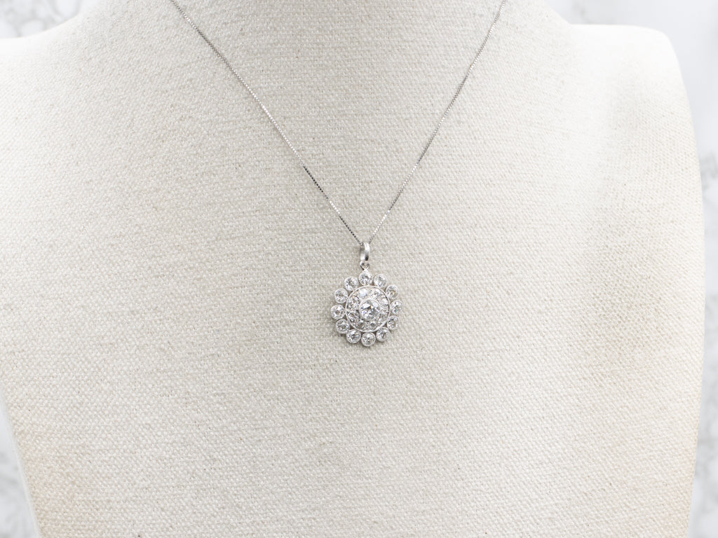 Platinum Old Mine Cut Diamond Double Halo Pendant