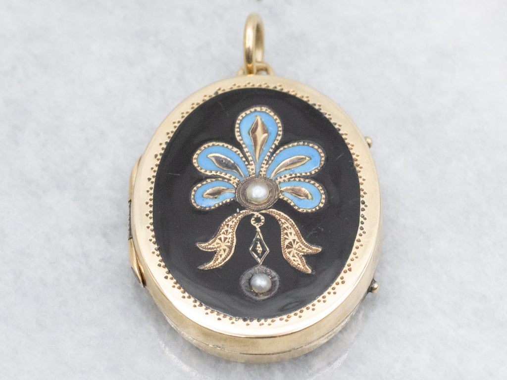 Antique Victorian Era Seed Pearl and Enamel Locket